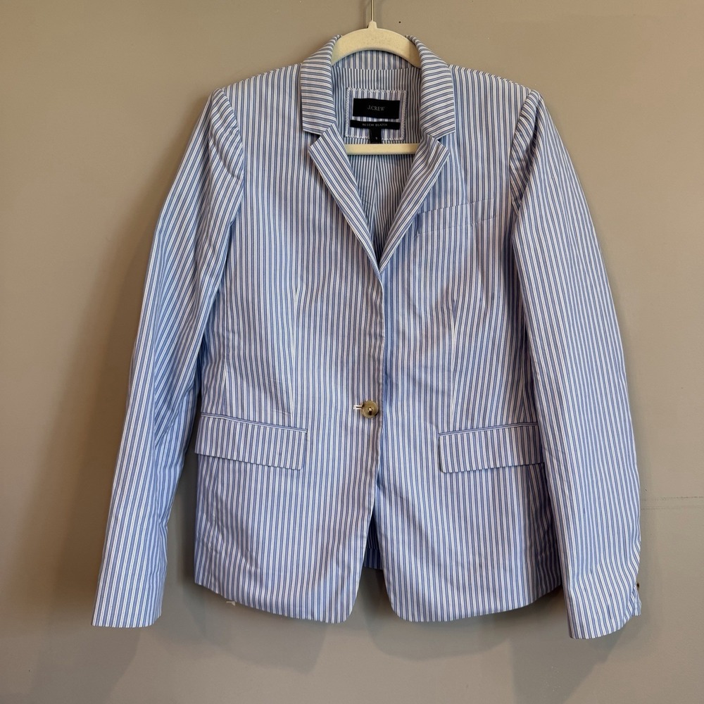J. Crew Regent Cotton Blazer Size 8 Striped White Blue Coastal Preppy Blokecore